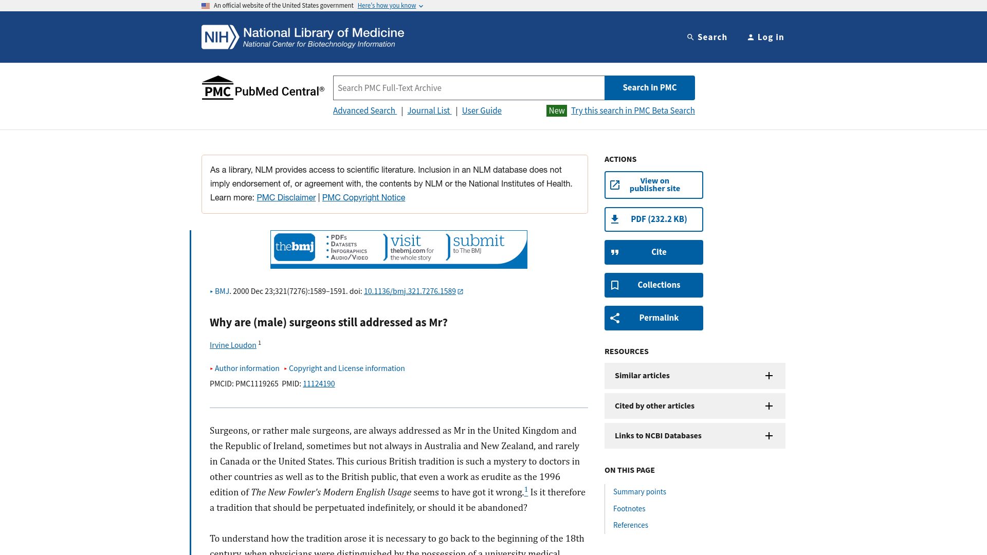 Screenshot of pmc.ncbi.nlm.nih.gov: Why are (male) surgeons still addressed as Mr? (2000)