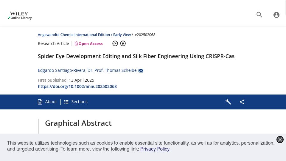 Screenshot of onlinelibrary.wiley.com: Spider Eye Development Editing and Silk Fiber Engineering Using CRISPR-Cas