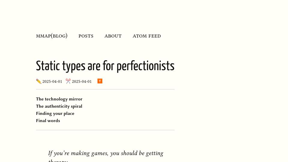 Screenshot of mmapped.blog: Static Types Are for Perfectionists