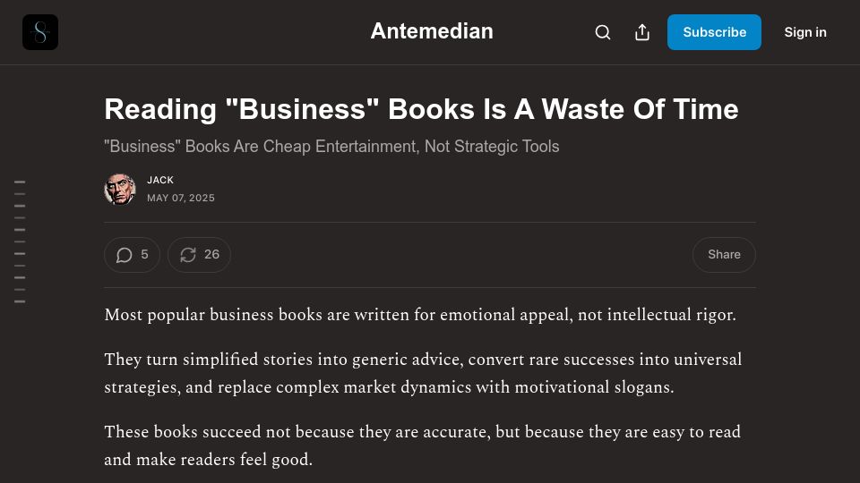 Screenshot of antemedian.substack.com: Reading "Business" Books Is a Waste of Time