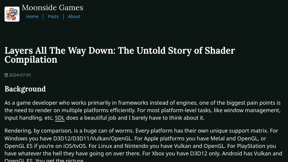 Screenshot of moonside.games: Layers All the Way Down: The Untold Story of Shader Compilation