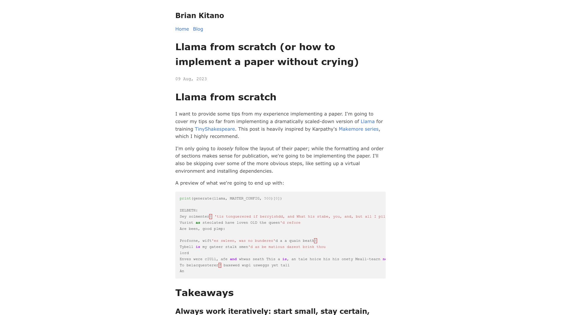 Screenshot of blog.briankitano.com: Llama from scratch (2023)