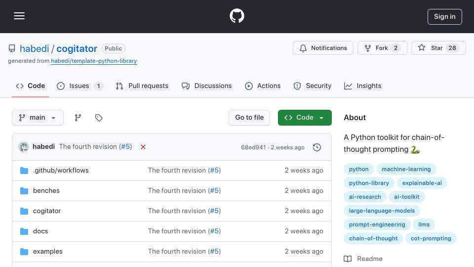 Screenshot of github.com: Show HN: Cogitator – A Python Toolkit for Chain-of-Thought Prompting