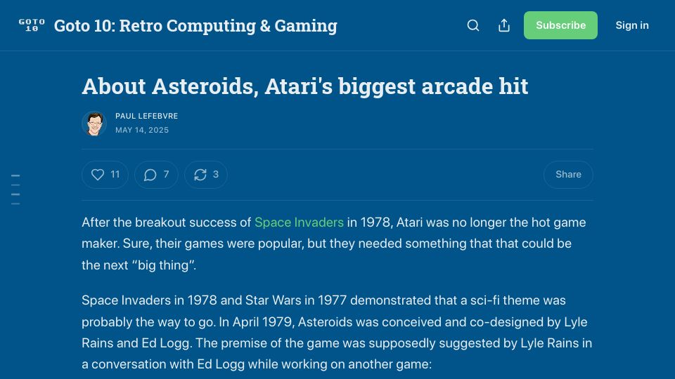 Screenshot of goto10retro.com: About Asteroids, Atari's biggest arcade hit
