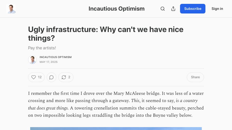 Screenshot of jordanwtaylor2.substack.com: Ugly infrastructure: Why can't we have nice things?