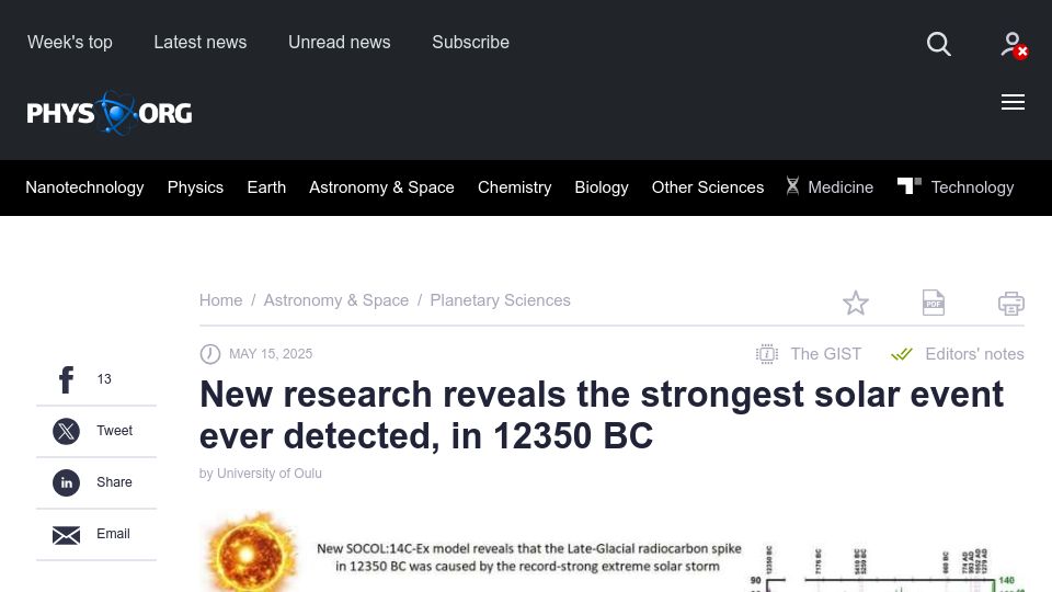 Screenshot of phys.org: New research reveals the strongest solar event ever detected, in 12350 BC