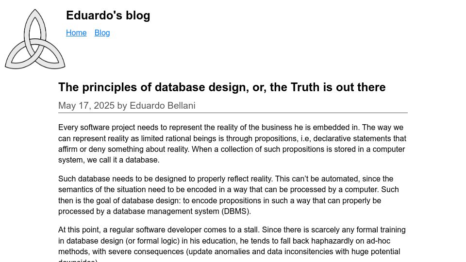 Screenshot of ebellani.github.io: The principles of database design, or, the Truth is out there