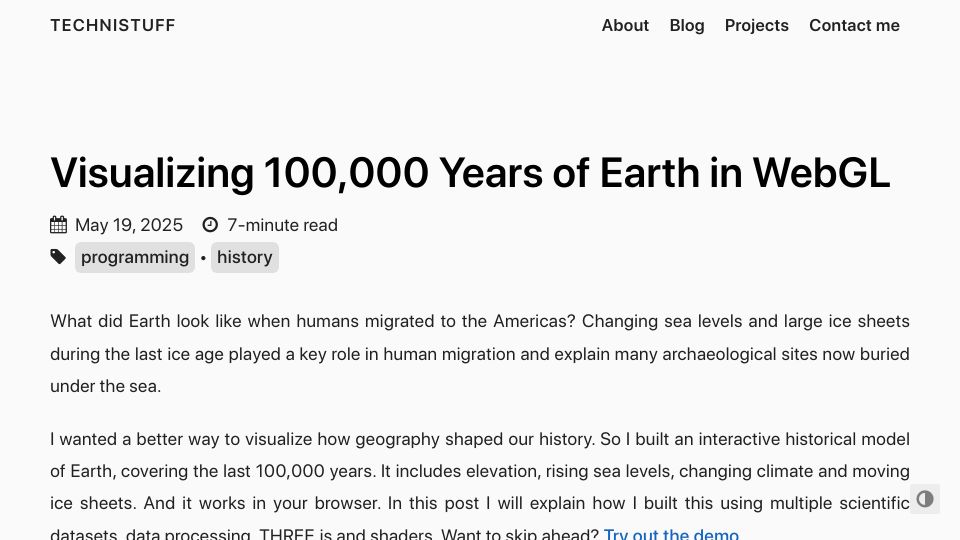 Screenshot of technistuff.com: Visualizing 100k Years of Earth in WebGL
