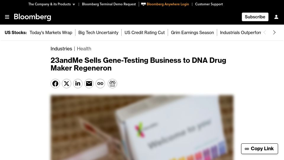 Screenshot of bloomberg.com: 23andMe Sells Gene-Testing Business to DNA Drug Maker Regeneron