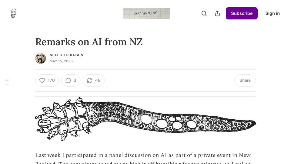 Screenshot of nealstephenson.substack.com: Remarks on AI from NZ