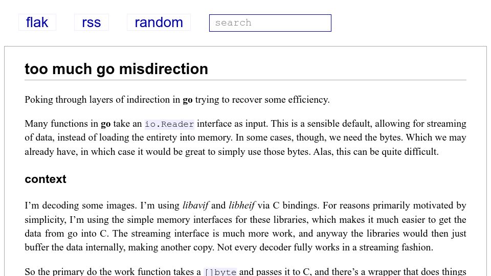 Screenshot of flak.tedunangst.com: Too Much Go Misdirection