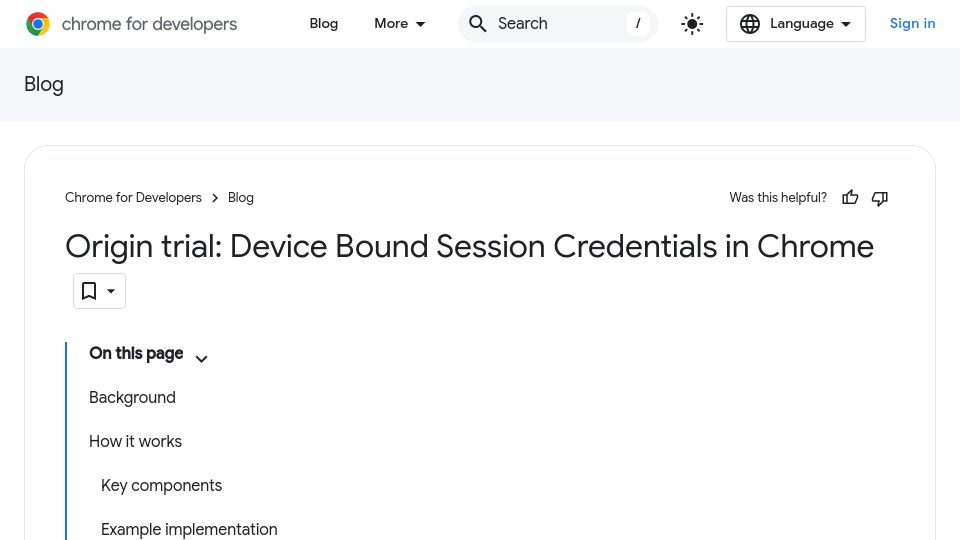 Screenshot of developer.chrome.com: Chrome Origin Trial: Device Bound Session Credentials
