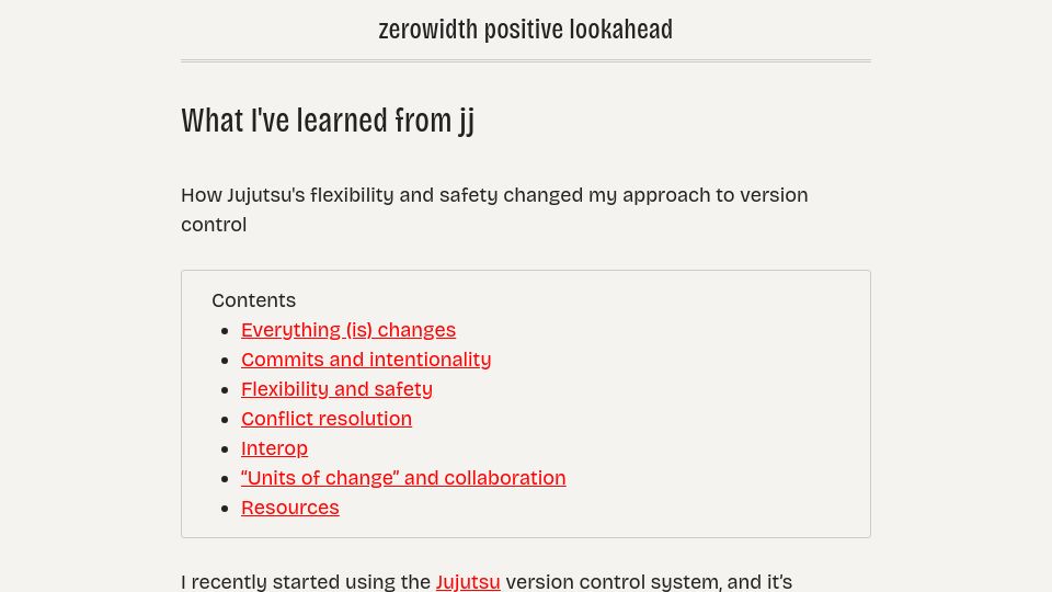 Screenshot of zerowidth.com: What I've learned from jj