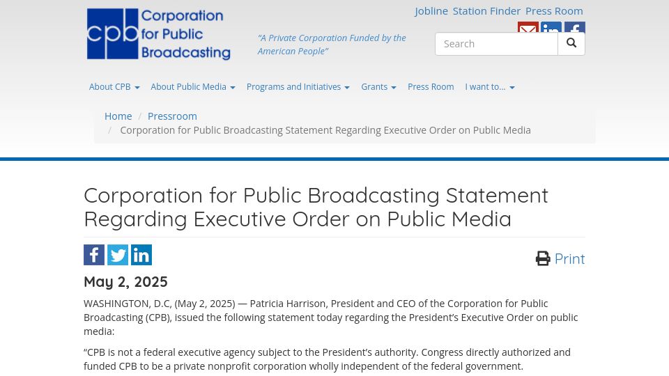 Screenshot of cpb.org: Corporation for Public Broadcasting Statement Regarding Executive Order