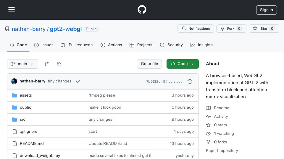 Screenshot of github.com: Show HN: GPT-2 implemented using graphics shaders