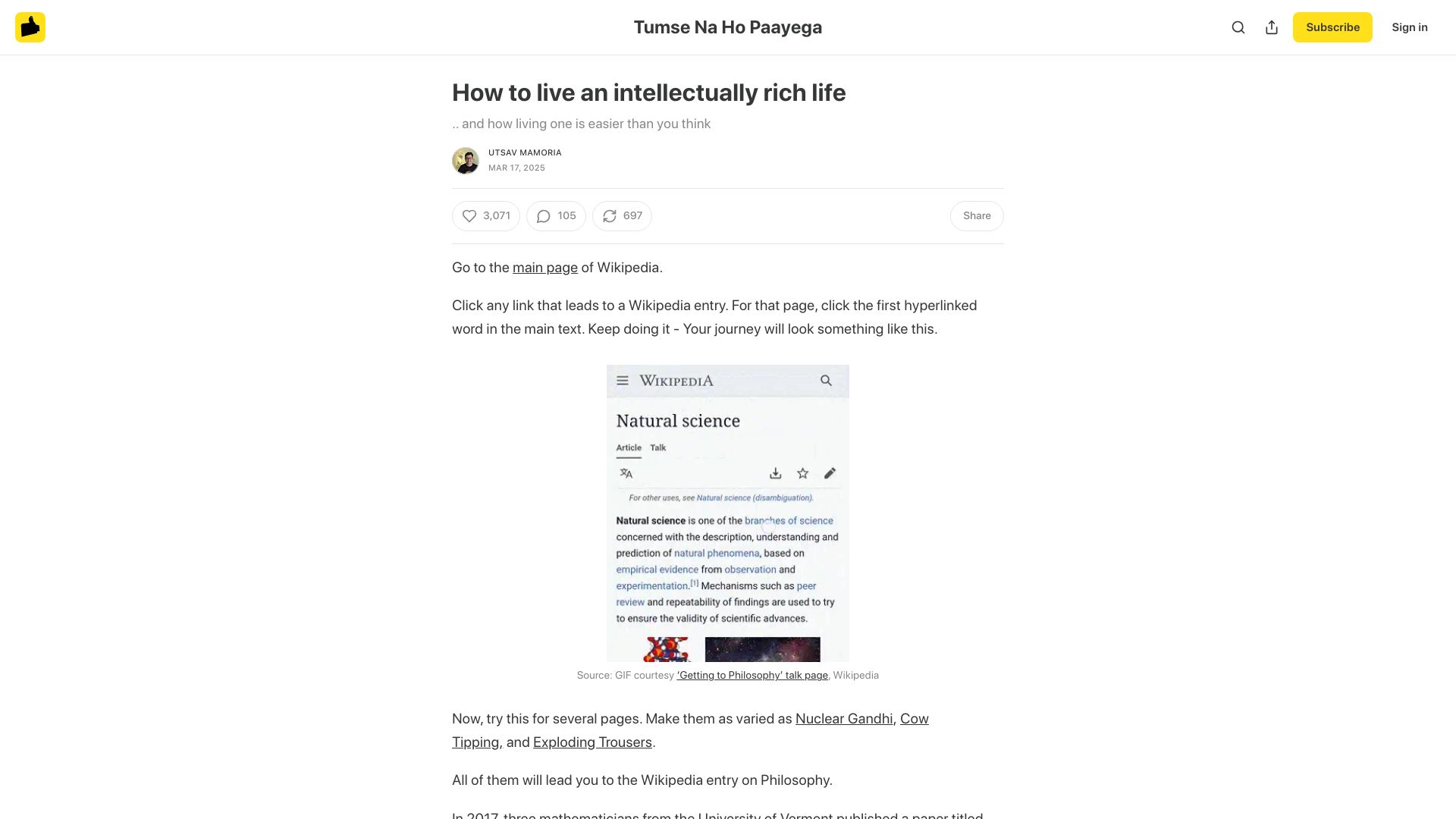 Screenshot of utsavmamoria.substack.com: How to live an intellectually rich life