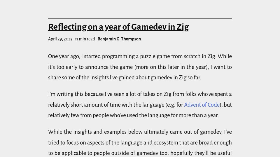Screenshot of bgthompson.codeberg.page: Reflecting on a Year of Gamedev in Zig