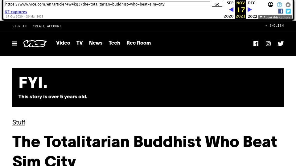 Screenshot of vice.com: The Totalitarian Buddhist Who Beat SIM City (2010)