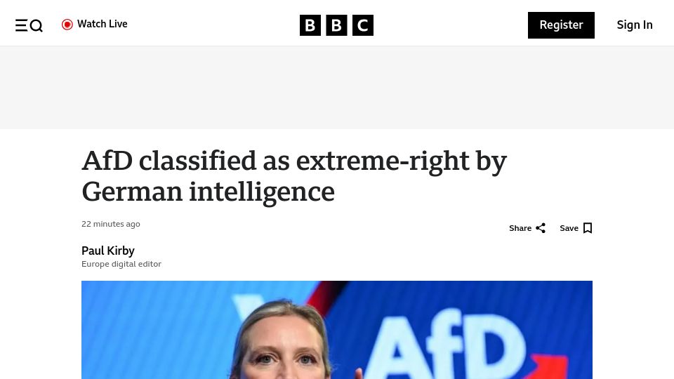 Screenshot of bbc.com: AfD classified as extreme-right by German intelligence
