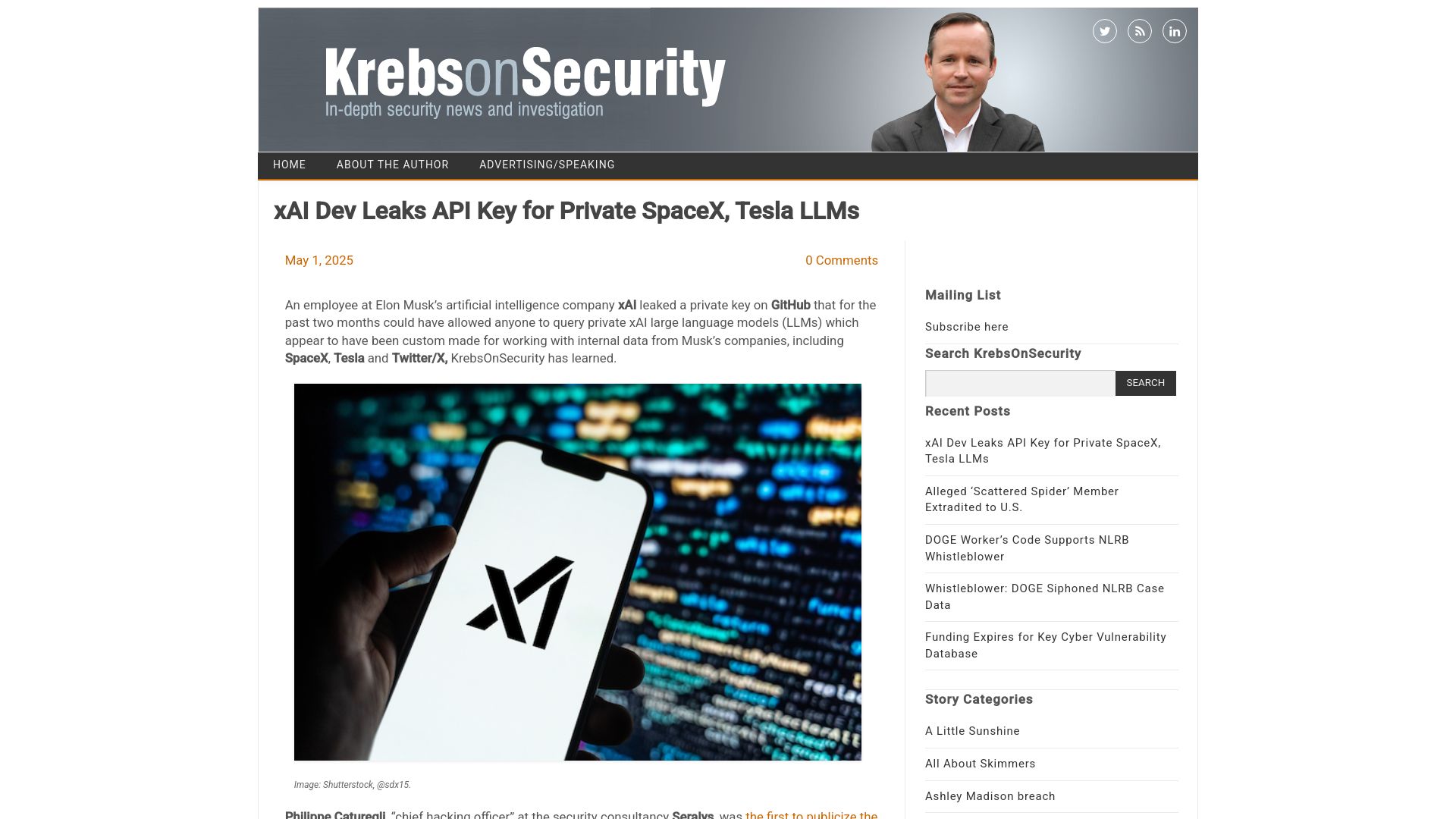 Screenshot of krebsonsecurity.com: xAI dev leaks API key for private SpaceX, Tesla LLMs