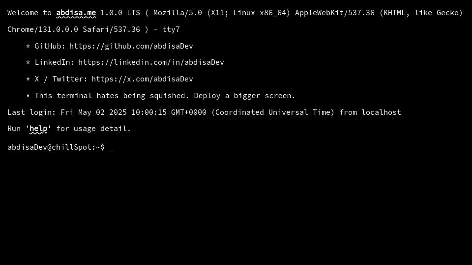 Screenshot of abdisa.me: Just redesigned my personal site with a TTY-style interface