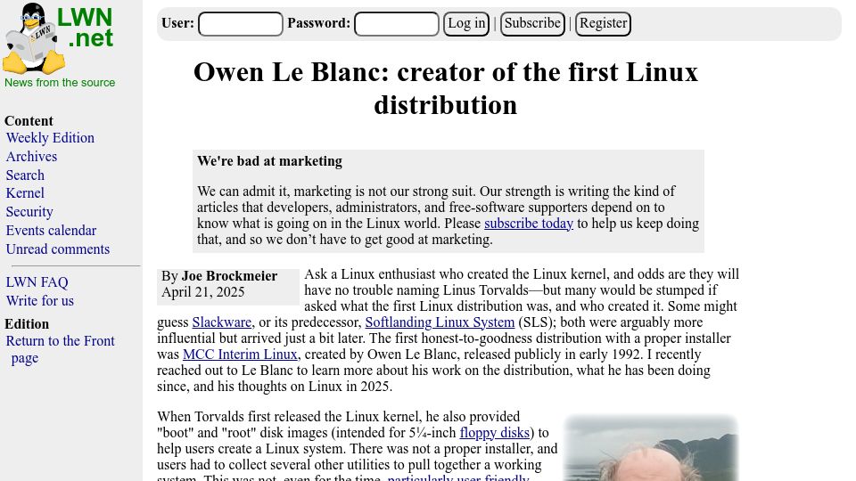 Screenshot of lwn.net: Owen Le Blanc: creator of the first Linux distribution