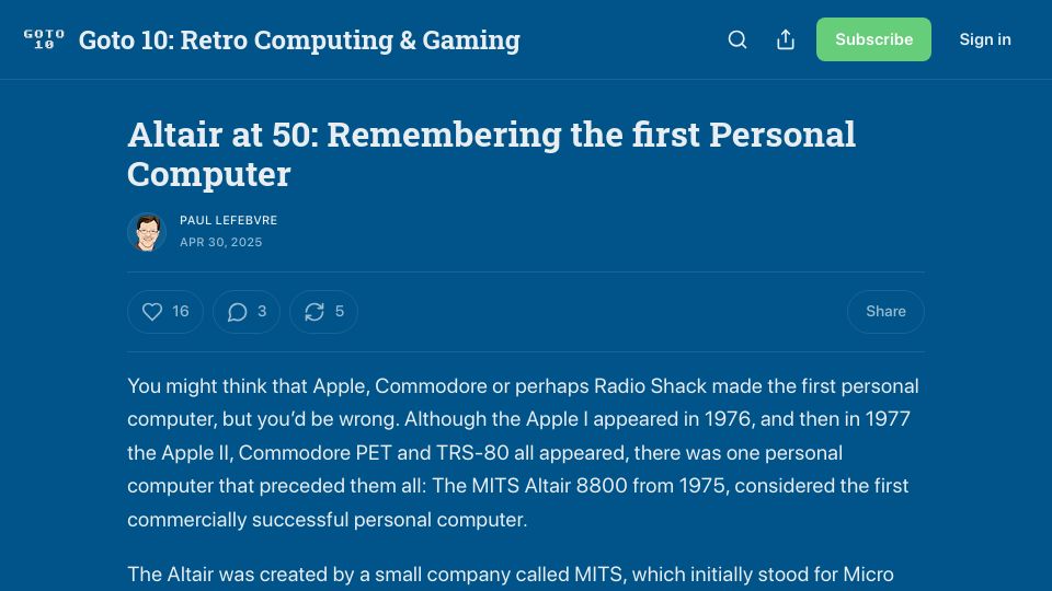 Screenshot of goto10retro.com: Altair at 50: Remembering the first Personal Computer