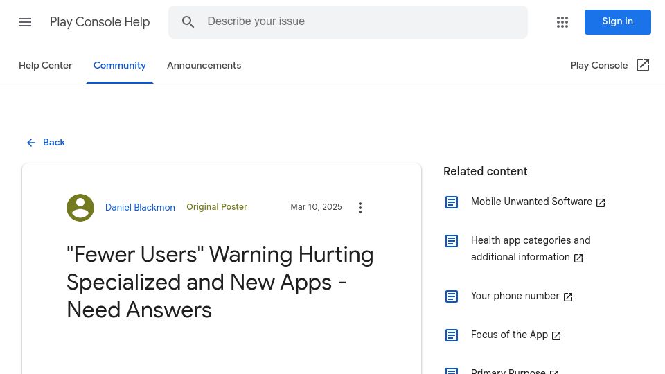 Screenshot of support.google.com: “Fewer Users” Warning Hurting Specialized and New Apps
