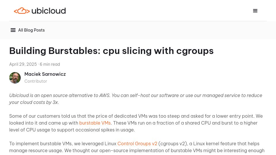 Screenshot of ubicloud.com: Building Burstables: CPU slicing with cgroups