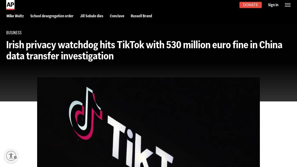 Screenshot of apnews.com: Irish privacy watchdog hits TikTok with €530M fine over data transfers to China