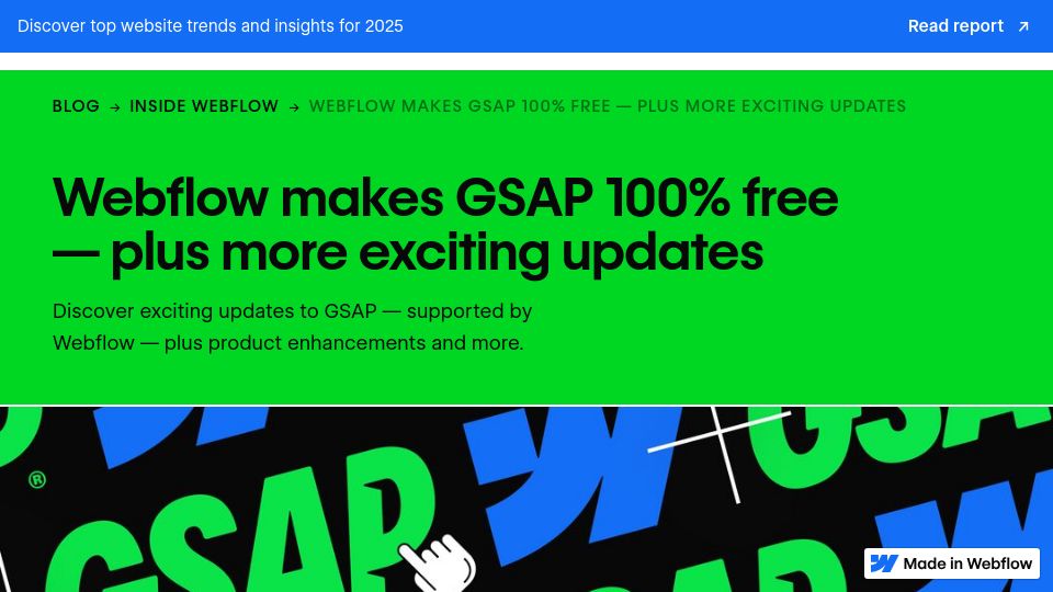 Screenshot of webflow.com: Webflow makes GSAP 100% free – plus more updates