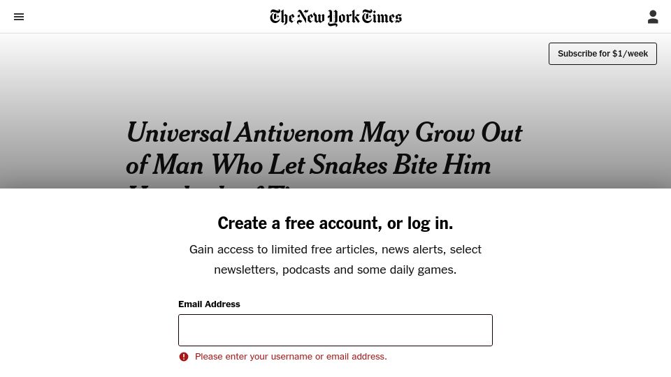 Screenshot of nytimes.com: Universal Antivenom May Grow Out of Man Who Let Snakes Bite Him 100s of Times