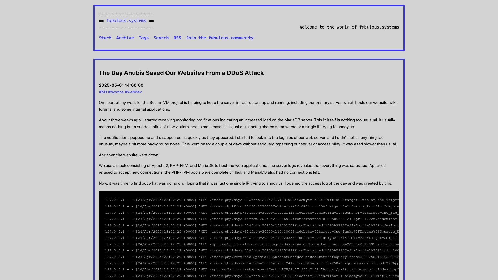 Screenshot of fabulous.systems: Anubis saved our websites from a DDoS attack