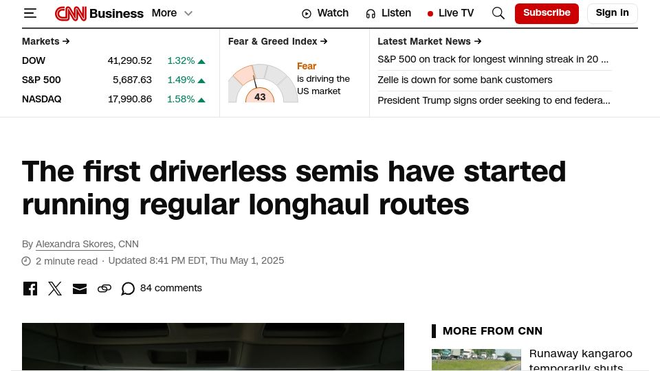 Screenshot of cnn.com: Driverless semis have started running regular longhaul routes