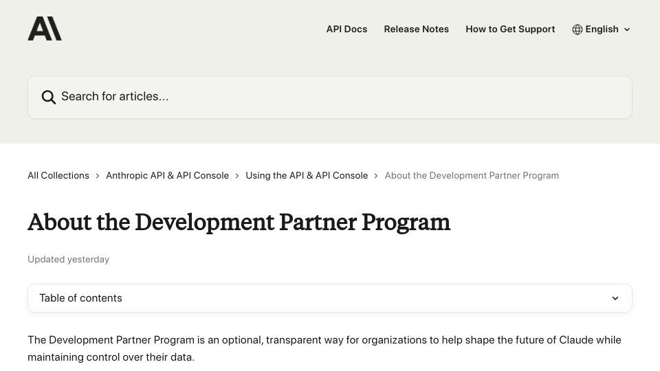 Screenshot of support.anthropic.com: Anthropic Development Partner Program