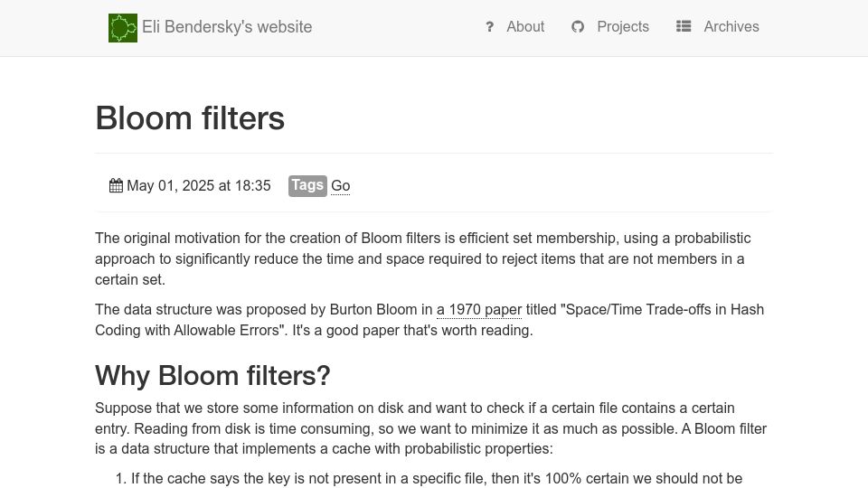 Screenshot of eli.thegreenplace.net: Bloom Filters