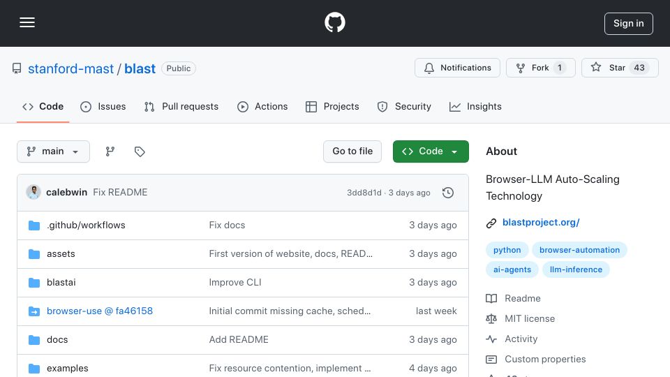 Screenshot of github.com: Show HN: Blast – Fast, multi-threaded serving engine for web browsing AI agents
