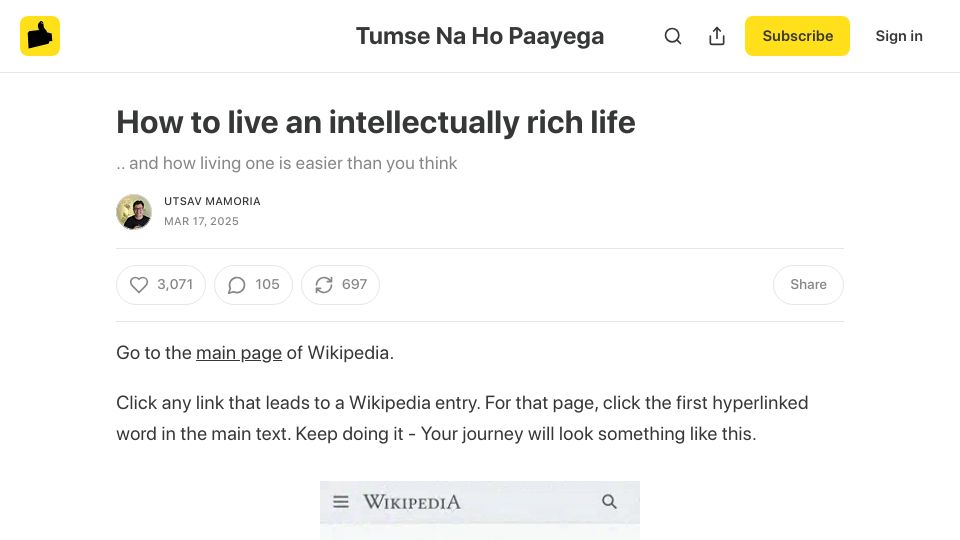 Screenshot of utsavmamoria.substack.com: How to live an intellectually rich life