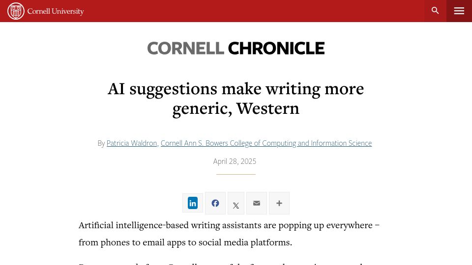 Screenshot of news.cornell.edu: AI suggestions make writing more generic, Western