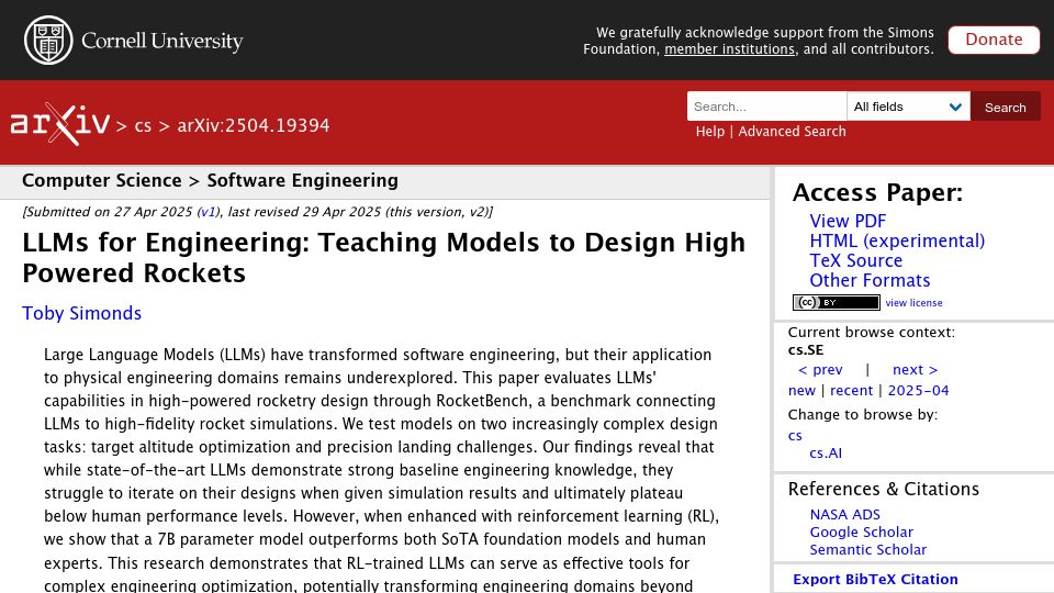 Screenshot of arxiv.org: LLMs for Engineering: Teaching Models to Design High Powered Rockets