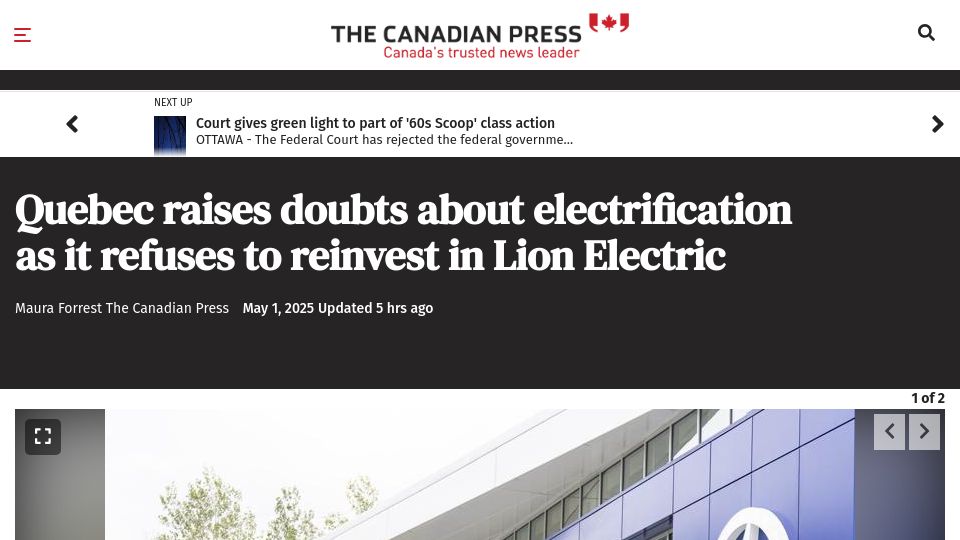 Screenshot of thecanadianpressnews.ca: Quebec refuses to reinvest in Lion Electric