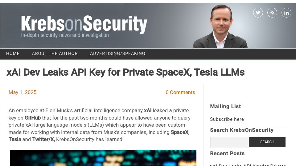 Screenshot of krebsonsecurity.com: xAI dev leaks API key for private SpaceX, Tesla LLMs