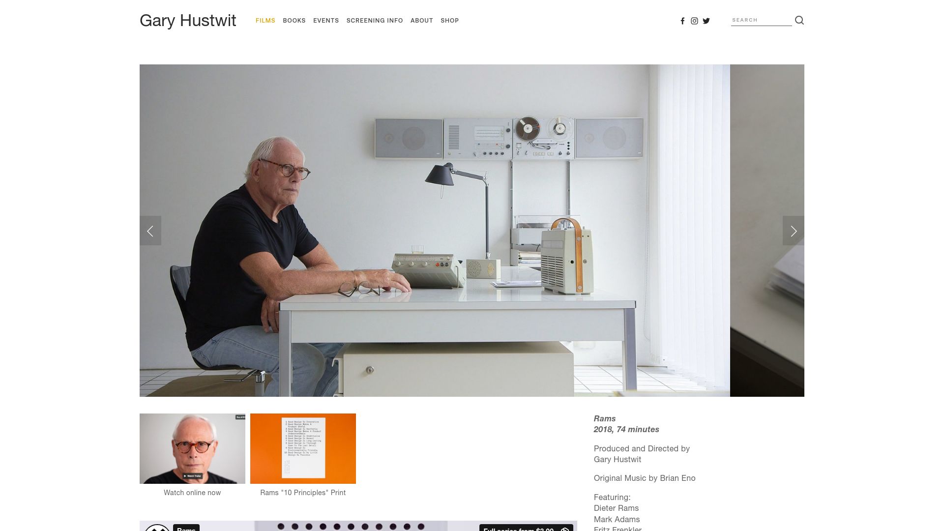 Screenshot of hustwit.com: Rams is a documentary portrait of Dieter Rams (2018)