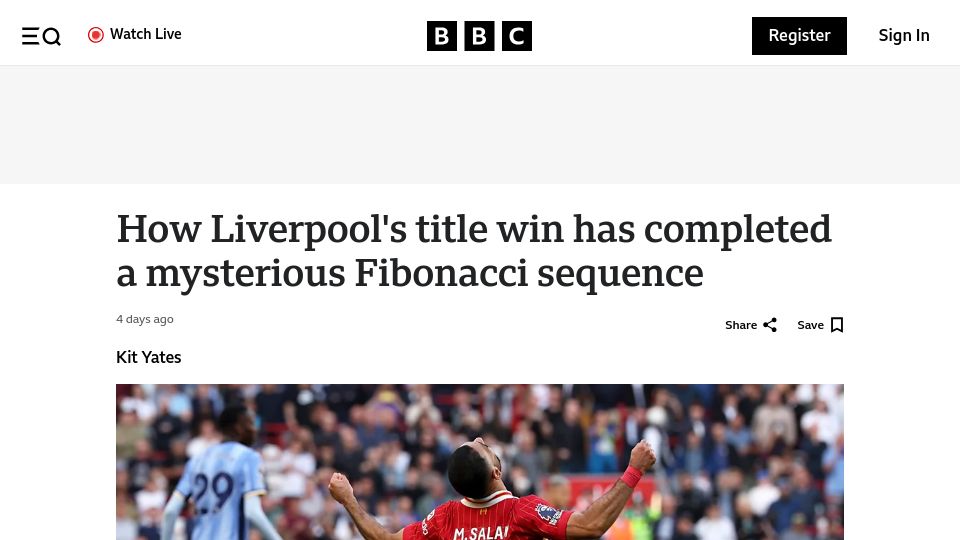 Screenshot of bbc.com: Liverpool's title win has completed a mysterious Fibonacci sequence