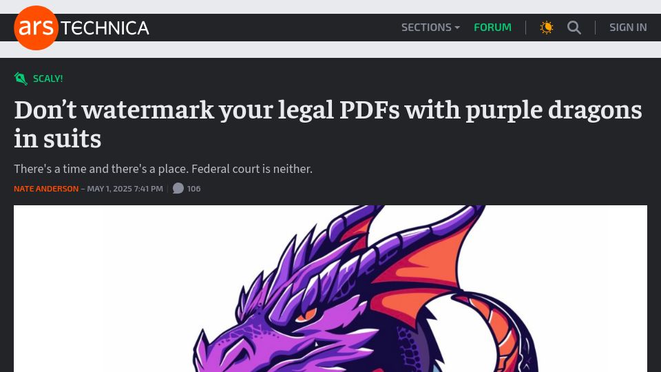 Screenshot of arstechnica.com: Don't watermark your legal PDFs with purple dragons in suits