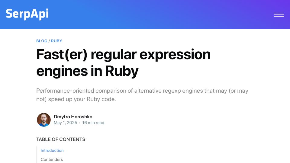 Screenshot of serpapi.com: Fast(er) regular expression engines in Ruby