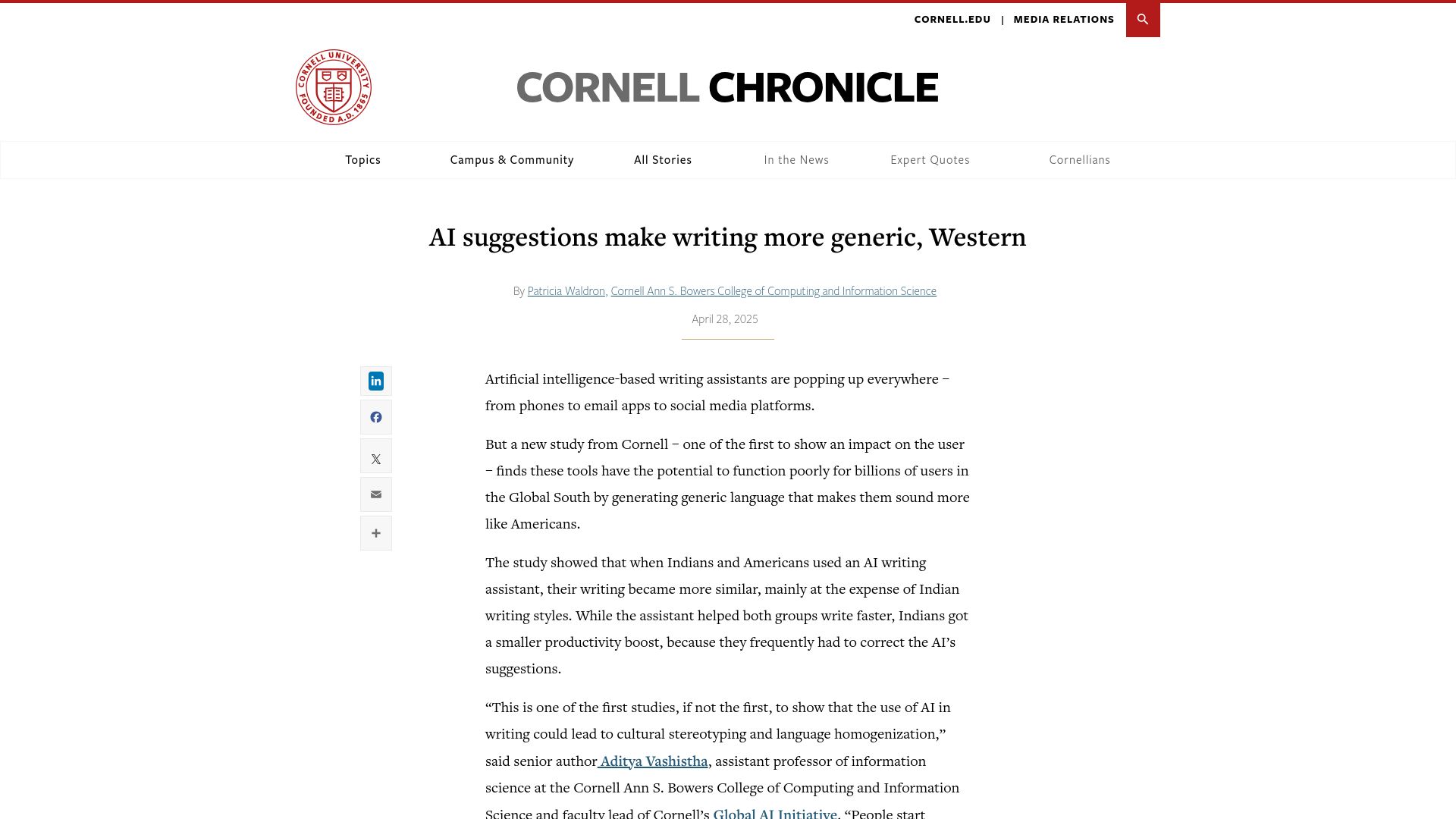 Screenshot of news.cornell.edu: AI suggestions make writing more generic, Western