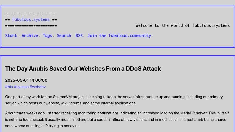 Screenshot of fabulous.systems: Anubis saved our websites from a DDoS attack