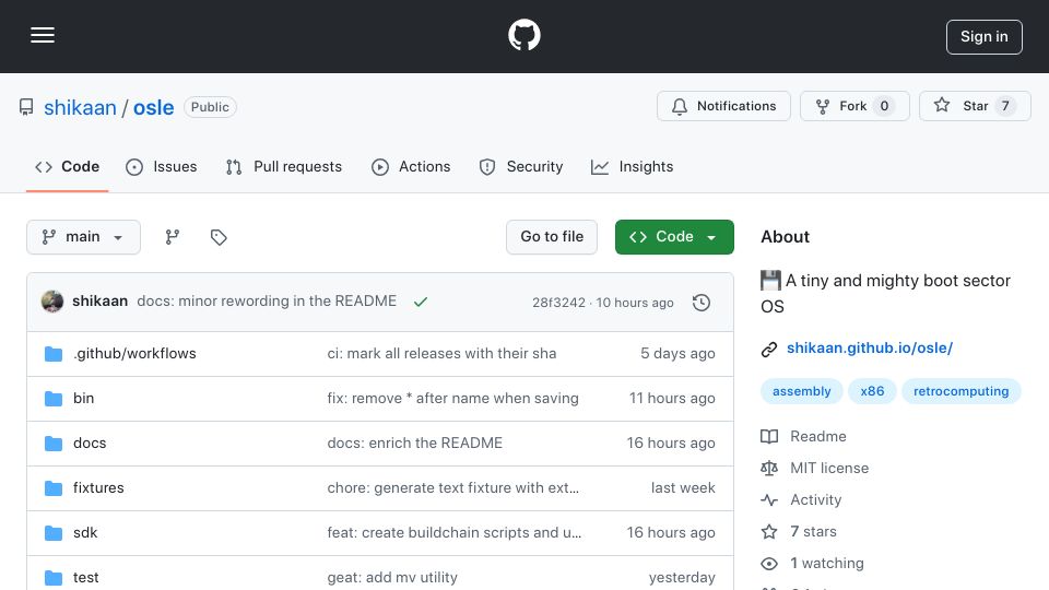 Screenshot of github.com: Show HN: OSle – A 510 bytes OS in x86 assembly