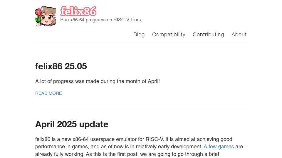 Screenshot of felix86.com: Felix86: Run x86-64 programs on RISC-V Linux